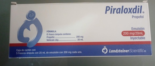 [7502247377844] Piraloxdil Propofol Emulsion Inyectable Cada ampolleta o frasco ámpula contiene: Propofol  200 mg. En emulsión con o sin edetato disódico (dihidratado). Envase con 5 ampolletas o frascos ámpula de 20 mL. LANSTAINER