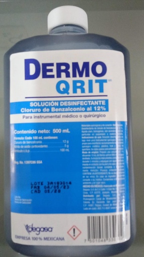 [7501048330102] DERMO-QRIT Solución Desinfectante al 12% Envase c/500 ML. Desinfectante de material quirúrgico a base de Cloruro de Benzalconio (Solución al 12%). NA