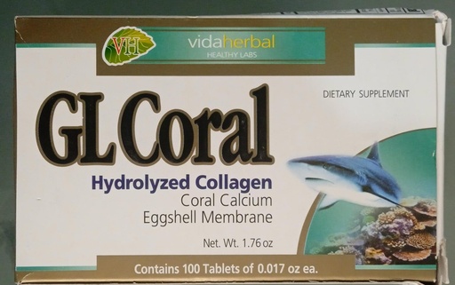 [7503181042140] GL Coral Vida Herbal c/100 TABS. 500 MG. Calcio de coral 20mg+Colágeno hidrolizado 16mg+Membrana de cáscara de huevo 10mg+Vitamina C ácido ascórbico 10mg.