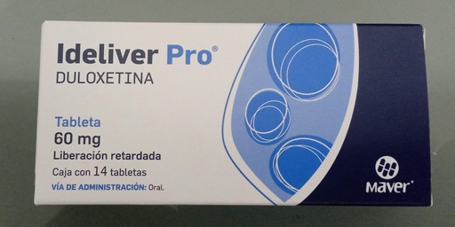 [7502009745478] Ideliver Pro Duloxetina Cápsula de liberación retardada. Cada cápsula de liberación retardada contiene: Clorhidrato de duloxetina equivalente a 60 mg de duloxetina Envase con 14 Cápsulas de Liberación Retardada. MAVER