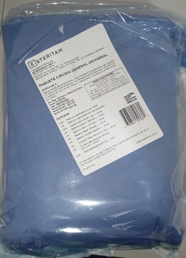 [653341525604] Ropa quirúrgica Paquete para cirugía general universal. Tela no tejida de polipropileno impermeable a la penetración de líquidos y fluidos color antirreflejante no transparente antiestática y resistente a la tensión en uso normal. Estéril y desechable. Contiene: tres batas quirúrgicas. Para cirujano puños ajustables refuerzo en mangas y pecho tamaño grande. Una bata quirúrgica para instrumentista puños ajustables tamaño mediano. Cuatro campos sencillos ESTERITAM