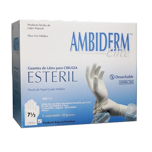 [7502224240731] Guantes Para cirugía De látex natural estériles y desechables. Tallas: 7 1/2  par caja con 50 par AMBIDERM