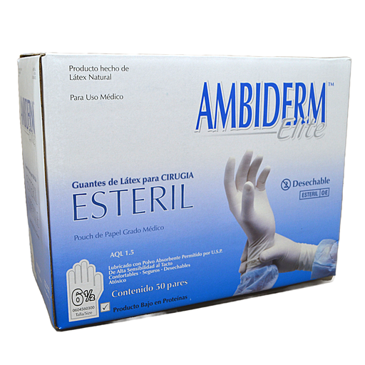 [7502224240717] Guantes Para cirugía De látex natural estériles y desechables. Tallas: 6 1/2 Caja con 50 pares AMBIDERM