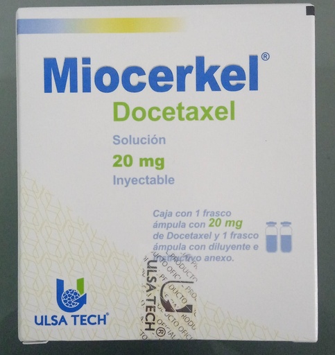 [7506429600065] Miocerkel Docetaxel Solución inyectable Cada frasco ámpula contiene: Docetaxel anhidro o trihidratado equivalente a 20 mg de docetaxel Envase con frasco ámpula con 20 mg y frasco ámpula con 1.5 ml de diluyente. ULSATECH