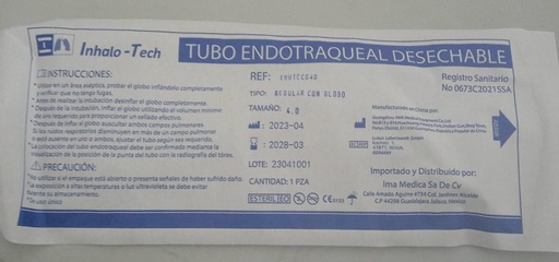 [INHTECG640] Tubo Endotraqueal de Plástico Con Globo 4.0MM 16FR Inhalo-Tech INHALO-TECH