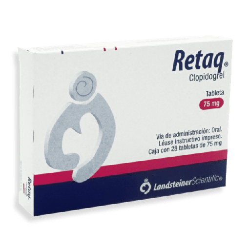 [7502247373594] Retaq Clopidogrel Gragea o tableta Cada gragea o tableta contiene: Bisulfato de clopidogrel o Bisulfato de clopidogrel (Polimorfo forma 2) equivalente a 75 mg de clopidogrel. Envase con 28 Grageas o Tabletas LANSTAINER