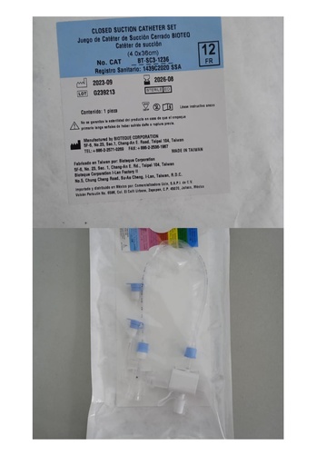 [BIO-SC3-1236] Sistema de Succión de Sistema Cerrado 
Para traqueostomía con Puerto para MDI 
de Irrigación Adulto DE 12 FR X 36 CM de
Largo BIOTEQ