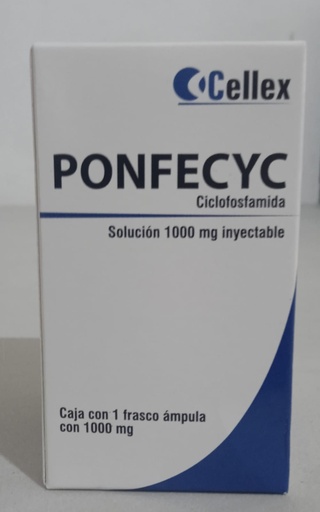 [7506599500004] Ponfecyc Ciclofosfamida Solución Inyectable Cada frasco ámpula con liofilizado contiene: Ciclofosfamida monohidratada equivalente a 1000 mg de ciclofosfamida. Envase con 1 frasco ámpula CELLEX