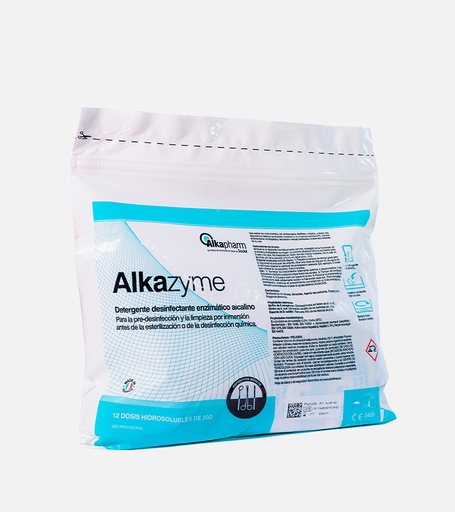 [ALKE158.] Alkazyme Detergentes o Limpiadores Detergente enzimático, con actividad proteolítica. Concentrado, para utilizarse en instrumental y equipo médico. Líquido: Frasco con 1 a 5 litros, dosificador integrado o con capacidad para integrar el dosificador.  Envase con 6 frascos o 12 frascos de 1 litro, o envase con 4 frascos de 5 litros. o Polvo: Sobre en polvo con 20 a 25 g. Envase desde 10 a 100 sobres. 060.066.0872 (copia)