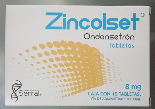[7501258214414] Zincolset Ondansetrón Tableta Cada Tableta contiene: Clorhidrato dihidratado de ondansetrón equivalente a 8 mg de ondansetrón Envase con 10 Tabletas.