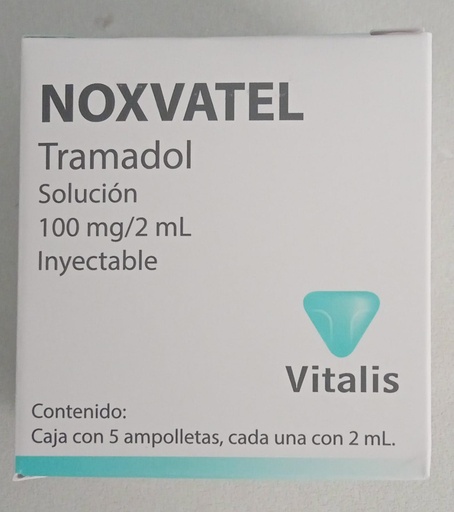 [7502245840494] Noxvatel Tramadol Solución Inyectable Cada ampolleta contiene: Clorhidrato de Tramadol 100 mg Envase con 5 ampolletas de 2 ml. VITALIS