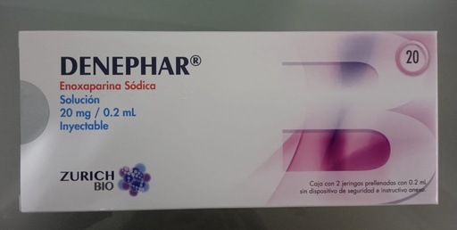 [7506453900049] Denephar Enoxaparina Solución Inyectable Cada jeringa contiene: Enoxaparina sódica 20 mg Envase con 2 Jeringas.  ZURICH