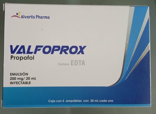 [7502222841032] Propofol Emulsión Inyectable Cada ampolleta o frasco ámpula contiene: Propofol 200 mg. En solución con aceite de soya, fosfátido de huevo o lecitina de huevo y glicerol. Envase con 5 ampolletas o frascos ámpula de 20 mL. ALBARTIS PHARMA