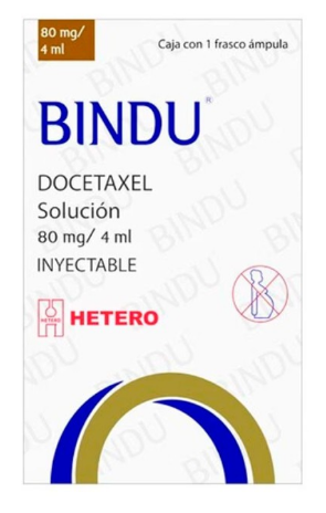 [7506442702524] Bindu Docetaxel Solución inyectable Cada frasco ámpula contiene: Docetaxel anhidro o trihidratado equivalente a 80 mg de docetaxel. Envase con frasco ámpula con 80 mg con 4ml. HETERO