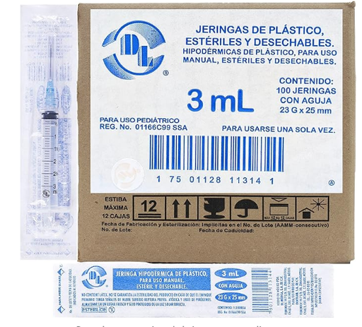 [7501128113141] Jeringa Hipodermicas 3 mL. (DL) c/Aguja 23Gx25mm. c/100 Piezas