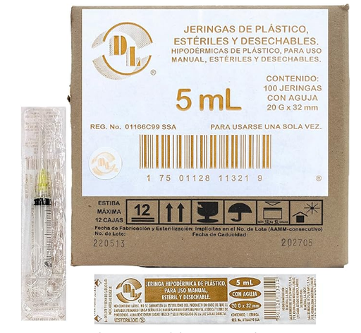 [7501128113219] Jeringa de plástico 5cc/mL. c/100 piezas estéril y desechable, pivote luer lock (Rosca) c/aguja 20x32 [Diam. 20G (0.90mm); Long. 1-1/4" (32mm); Color amarillo] Indicado para Soluciones aceitosas y Vitaminas, Adultos esbeltos. DL