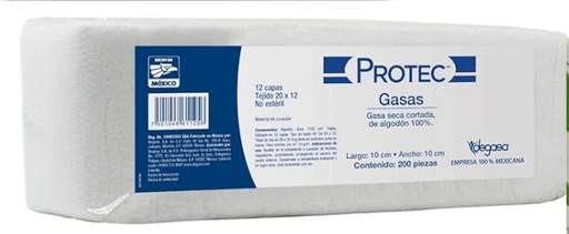 [7501048611256] Gasa Seca Cortada No Estéril (Quirmex) 10x10cm. T20x12, 12C. c/200 Pzs. cortada, de algodón 100%, No estéril, Tamaño 10x10cm, Tejido 20x12 Tipo VII, 12 Capas. PROTEC