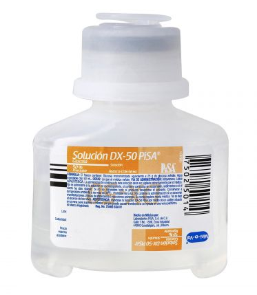 [7502268549268] Solucion DX Glucosa Solución Inyectable al 50 % Cada 100 ml contienen: Glucosa anhidra o glucosa 50 g ó Glucosa monohidratada equivalente a 50.0 g de glucosa Envase con 50 ml. Contiene: Glucosa 25.0 g PISA