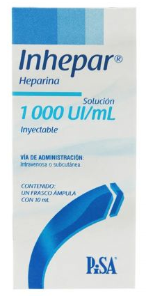 [7501125115585] Inhepar Sol. Iny. c/1 Fco. Amp. 1,000 UI/1 ML. Heparina sódica 10,000 UI/10ml. (Cada ml de solución equivale a 1000 UI.) PISA