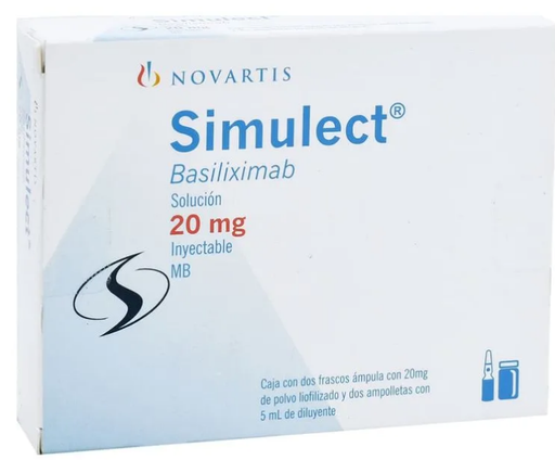 [7501124810115] Simulect Basiliximab Solución Inyectable Cada frasco ámpula con liofilizado contiene: Basilixima 20 mg Envase con 2 frascos ámpula y 2 ampolletas con 5 ml de diluyente.