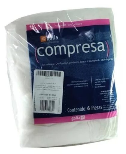 [7501565609613] Compresas Para vientre De algodón con trama radiopaca. Longitud: 70 cm. Ancho: 45 cm. Envase con 6 piezas. 