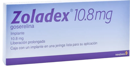 [7501324402950] Zoladex Goserelina Implante de Liberación Prolongada Cada Implante contiene: Acetato de goserelina equivalente a 10.8mg de goserelina base. Envase con Implante cilíndrico estéril en una jeringa lista para su aplicación. AZTRAZENECA
