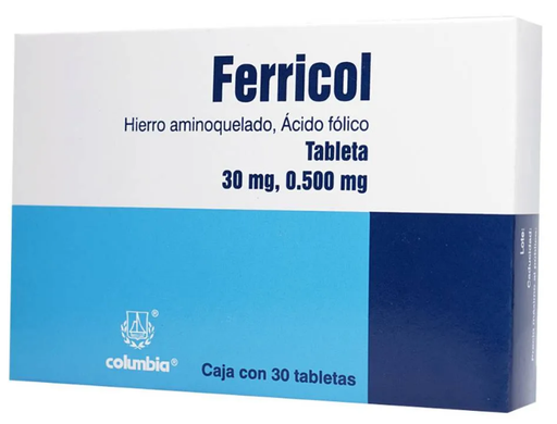 [7501086311057] Ferricol 30 Mg/500 Mcg 30 Tabletas Hierro aminoquelado equivalente a hierro elemental 30 mg Ácido fólico 0.500 mg Excipiente cbp 1 tableta COLUMBIA