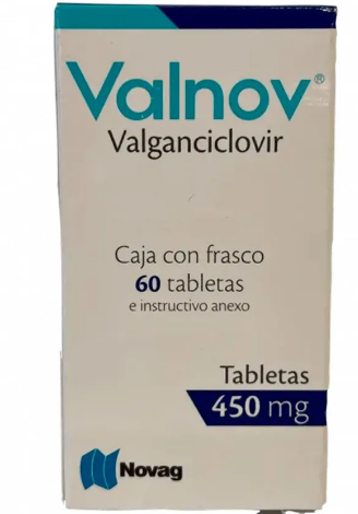 [7501075722468] Valnov Valganciclovir Comprimido Cada Comprimido contiene: Clorhidrato de valganciclovir equivalente a 450 mg de valganciclovir. Envase con 60 Comprimidos NOVAG