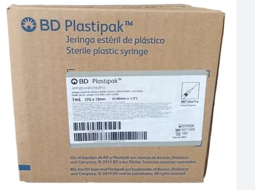 [7501543267163] JERINGA  1mL. (Plastipak) Insulina c/AGUJA DESMONTABLE 27Gx13mm. c/1 Pza. Jeringa  1mL de insulina con aguja desmontable 27x13 NA