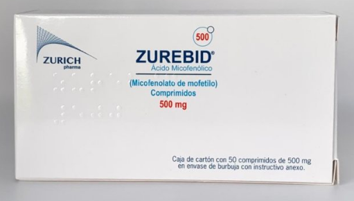 [7502251891350] Zurebid Ácido micofenólico Comprimido Cada Comprimido contiene: Micofenolato de mofetilo 500 mg Envase con 50 Comprimidos
