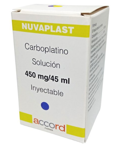 [7506335700408] Nuvaplast CARBOPLATINO 450mg/ 45mL. Envase con 1fco ampula  Seco, manejable hasta 25°C. ACCORD