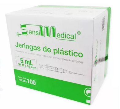 [7506022301826] Jeringa de plástico 5cc/mL. estéril y desechable c/aguja, pivote luer lock (Rosca) 21Gx32mm. [Diam. 21G (0.80mm); Long. 1-1/4" (32mm); Color verde]  SENSIMEDICAL
