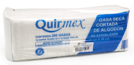 [7503003406013] Gasa seca cortada, de algodón 100%, No estéril, Tamaño 10x10cm, Tejido 20x12 Tipo VII, 12 Capas. QUIRMEX
