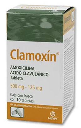[7502009740992] CLAMOXIN c/10 TABS. 500/125 MG. Amoxicilina+Ácido Clavulánico 500/125mg. (Tabs. Orales). NA