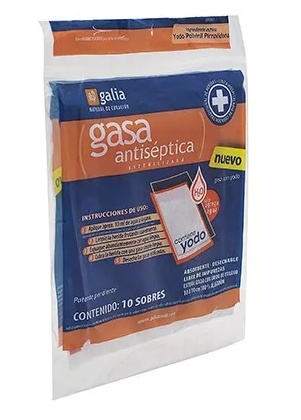[7501565605905] Gasas con jabón de yodo antiséptico pq/10 GALIA 