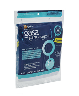[7501565605899] Galia gasa compuesta Aséptica estéril 10x10cm. Bolsa c/10 Sobres con Jabón Quirúrgico