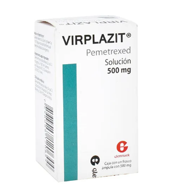 [7798088120644]  Virplazit Pemetrexed Solución Inyectable Cada frasco ámpula con liofilizado contiene: Pemetrexed disódico heptahidratado o Pemetrexed disódico equivalente a 500 mg de pemetrexed Envase con frasco ámpula. GLENMARK