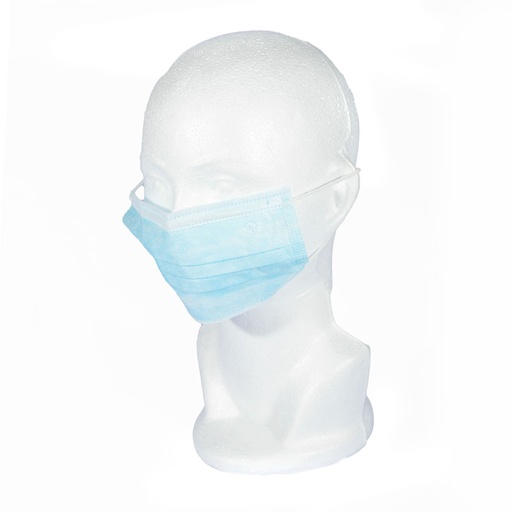 [7501128158602] Cubrebocas tri capa de tela no tejida resistente a fluidos antiestático hipoalergénico con bandas o ajuste elástico a la cabeza. Desechable 50 Piezas DL