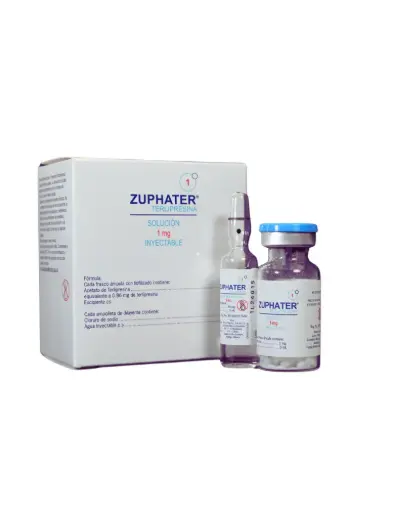 [7502251890728] ZUPHATER TERLIPRESINA. SOLUCIÓN INYECTABLE CADA FRASCO ÁMPULA O AMPOLLETA CON SOLUCIÓN CONTIENE: ACETATO DE TERLIPRESINA 1 MG EQUIVALENTE A 0.86 MG DE TERLIPRESINA ENVASE CON UN FRASCO ÁMPULA CON LIOFILIZADO Y UNA AMPOLLETA CON 5 ML DE DILUYENTE. CADA FRASCO ÁMPULA CON SOLUCIÓN CONTIENE: ACETATO DE TERLIPRESINA 1 MG EQUIVALENTE A 0.85 MG DE TERLIPRESINA