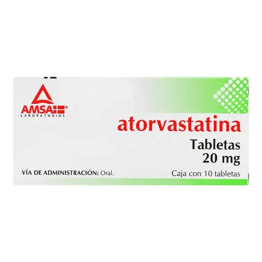 [7501349024526] Atorvastatina Tableta Cada Tableta contiene: Atorvastatina cálcica trihidratada equivalente a 20 mg de atorvastatina. Envase con 10 Tabletas. AMSA