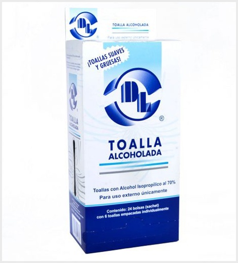 [7501128119832] TOALLA ALCOHOLADA CON ALCOHOL ISOPROPILICO AL 70% EXHIBIDOR CON 24 BOLSAS. BOLSA CON 6 PIEZAS (EXHIBIDOR C/24