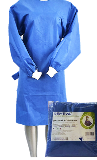 [7503048717495] Bata tipo quirúrgica sin refuerzo azul unitalla con manga y puño desechable de un solo uso con cintas de amarre en la espalda y cuello para un buen ajuste 10 piezas PTM-BAT-357 DEMEVA