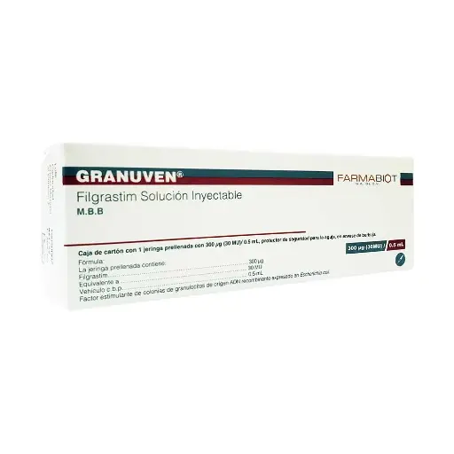 [7506335703560] Granuven FILGRASTIM 300 mcg/0.5mL, envase  con 5 jeringas prellenadas  Ref fria, manejable de 2°C a 8°C