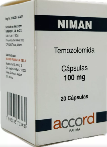 [7506335703430]  Niman TEMOZOLOMIDA 100mg. Envase con 20 capsulas  Seco, manejable hasta 25°C.                                                      ACCORD