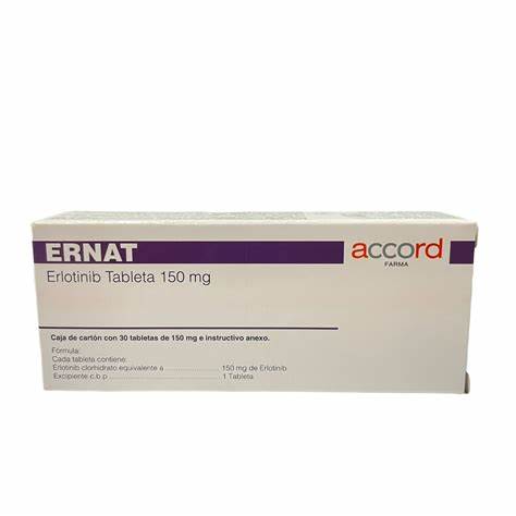 [7506335703478] Ernat ERLOTINIB 150mg. Envase con 30 comprimidos. Seco, manejable hasta 25°C.                                                      ACCORD
