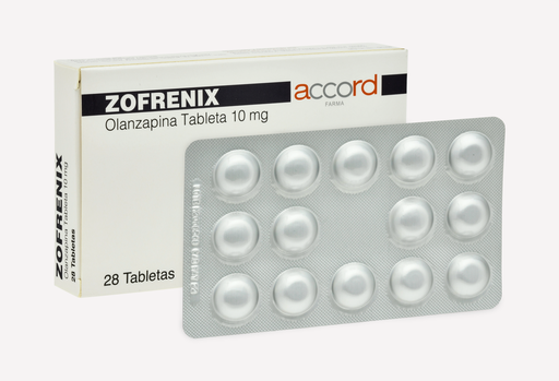 [7506335702396] Zofrenix OLANZAPINA 10mg. Envase con 28 tabletas. Seco, manejable hasta 25°C.                                                     