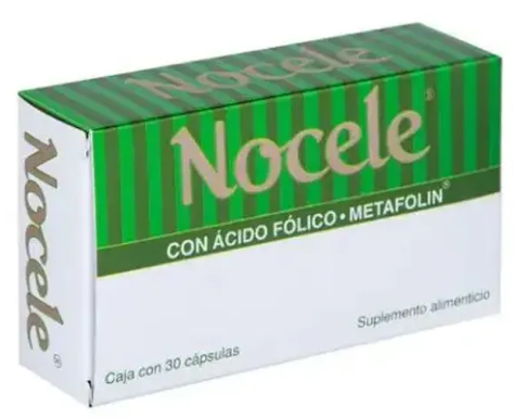 [7502235760023] Nocele Suplemento Alimenticio 30 Cápsulas Metafolin®. Contenido por 100 g: 0.071 g. Contenido por cápsula (580 mg) 0.410 mg (Equivalente a 400 mcg de Ácido Fólico).