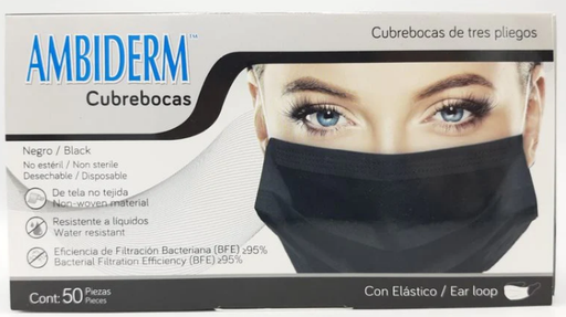 [7502224243803] CUBREBOCAS ADULTO DCHBLE. 3 PLIEGUES Col. Negro (Ambiderm) Cja. c/50 Pzs.
