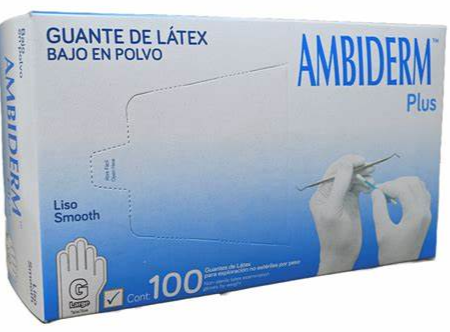 [7502224240239] Guantes de látex para exploración No estériles GRANDE Envase con 100 piezas. AMBIDERM