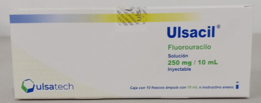 [7506429600461] Ulsacil Fluorouracilo Solución Inyectable. Cada ampolleta o frasco ámpula contiene: Fluorouracilo 250 mg. Envase con 10 ampolletas o frascos ámpula con 10 ml.